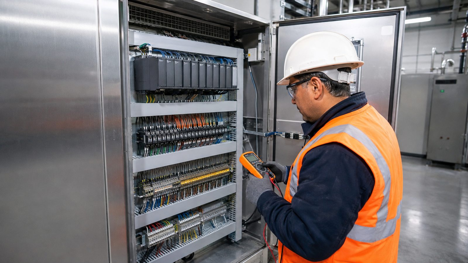 Tablero de control industrial con PLC y cableado de instrumentación