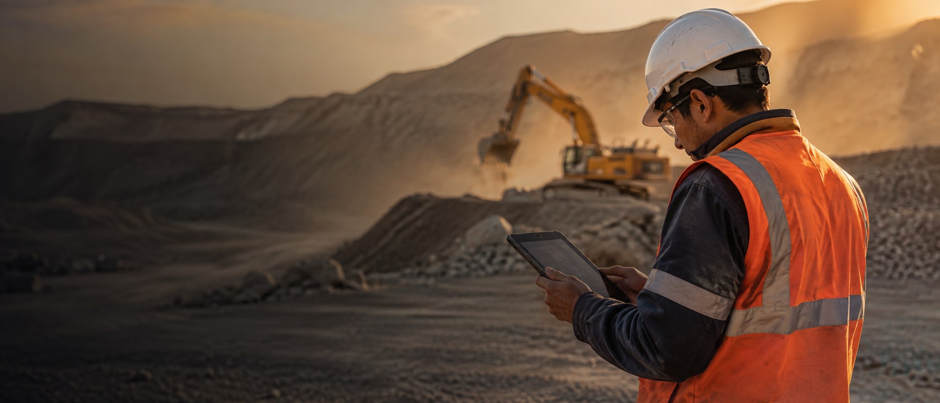 Técnico de terreno revisando datos de proceso en tablet industrial en una faena minera
