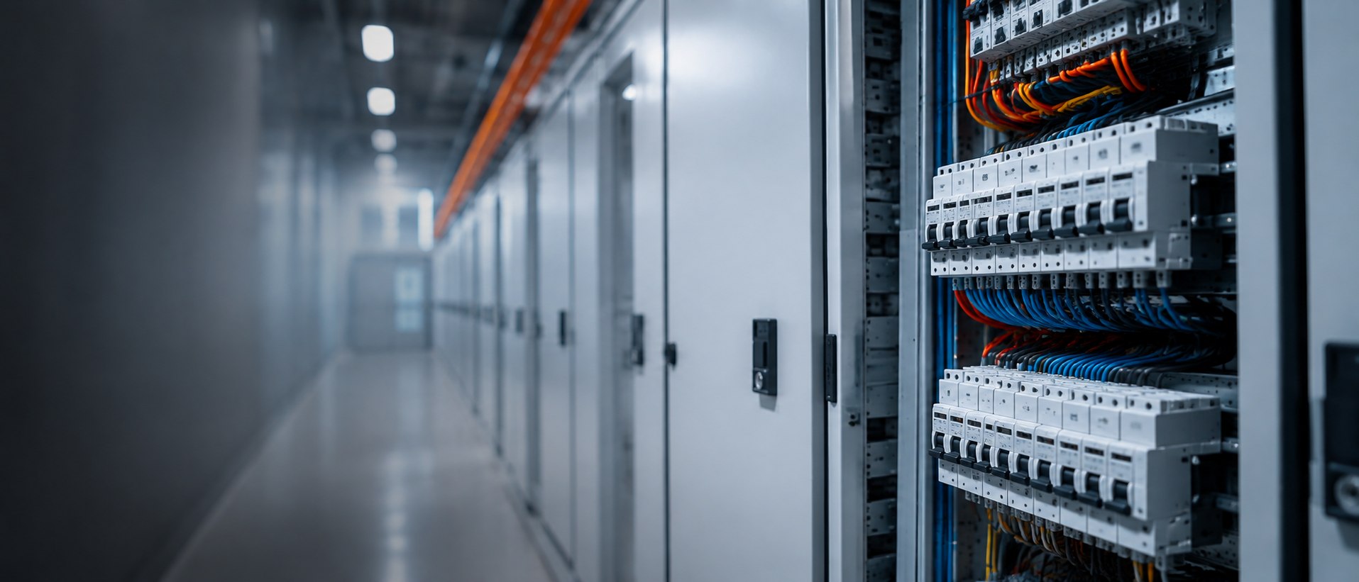 Sala eléctrica con fila de gabinetes de control, interruptores y cableado