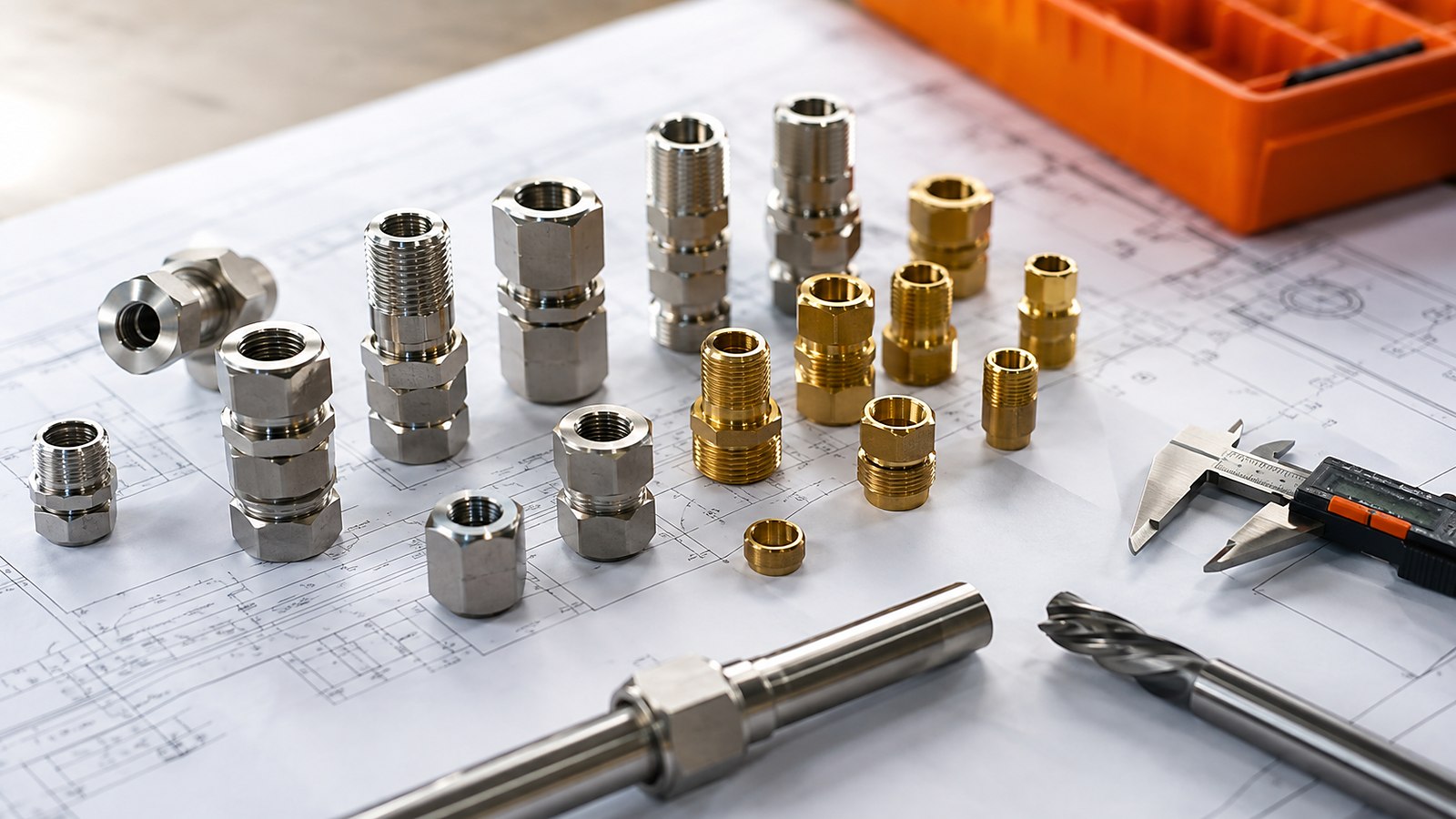 Fitting de acero inoxidable y latón, tubing y herramientas de medición sobre un plano técnico